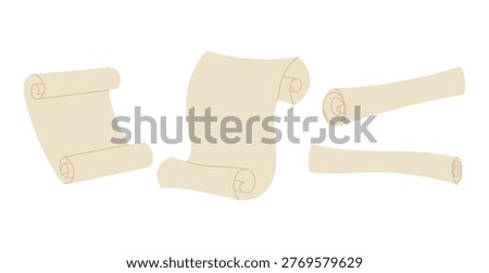 Collection of blank parchment scrolls in flat style. For certificates, invitations, historical themes and decorative layouts.
