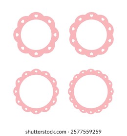 A collection of blank pastel pink round scalloped labels with heart-shaped edges. Simple flat design illustration.