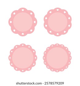  A collection of blank pastel pink round scalloped labels with heart-shaped edges. Simple flat design illustration.