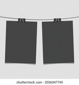 Collection of blank photo frames on rope in realistic style. Set of vintage photos frame for your picture. Retro framework isolated on gray background.