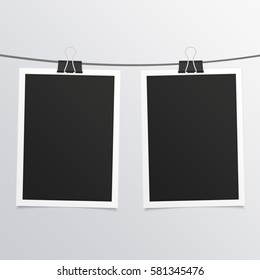 Collection of blank photo frames on rope in realistic style. Set of vintage photos (frame) for your picture. Retro framework isolated on gray background. Vector illustration. EPS 10.