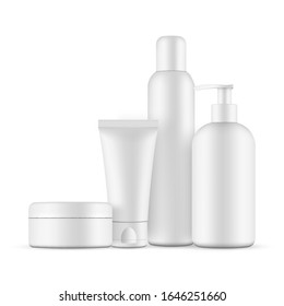 Collection of blank plastic containers mockups: bottle with cap, bottle with pump, jar, small tube. Vector illustration
