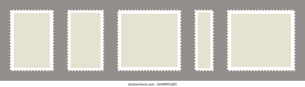  Collection blank post stamps. Postage frames set. Empty postal stamp. Borders for mail letter. White paper postmarks isolated on a background. Vector illustration, Rectangular perforated labels.