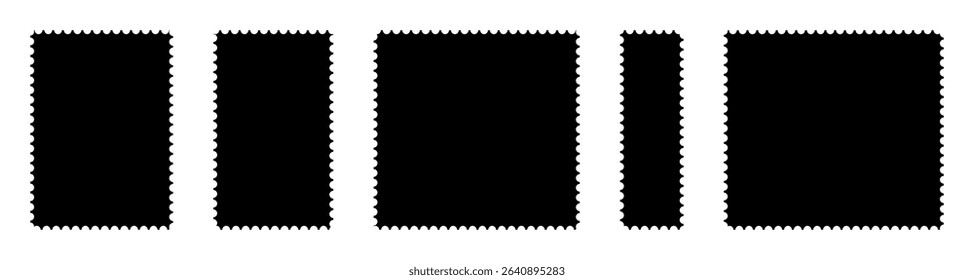  Collection blank post stamps. Postage frames set. Empty postal stamp. Borders for mail letter. White paper postmarks isolated on a background. Vector illustration, Rectangular perforated labels.