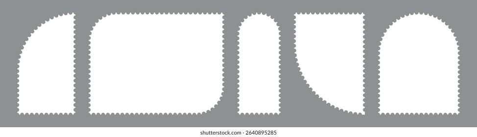  Collection blank post stamps. Postage frames set. Empty postal stamp. Borders for mail letter. White paper postmarks isolated on a background. Vector illustration, Rectangular perforated labels.