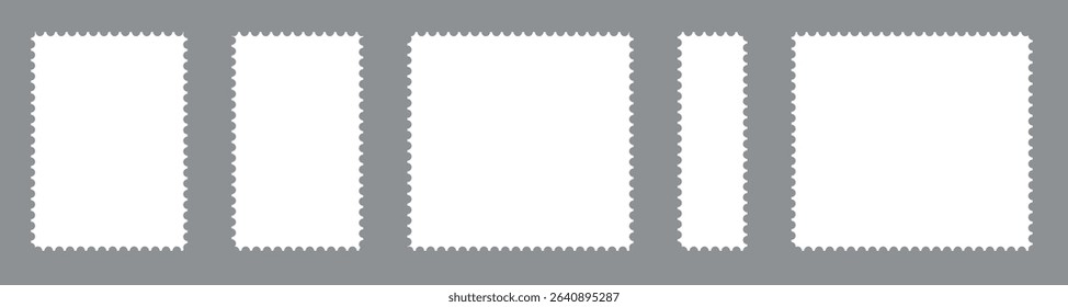  Collection blank post stamps. Postage frames set. Empty postal stamp. Borders for mail letter. White paper postmarks isolated on a background. Vector illustration, Rectangular perforated labels.