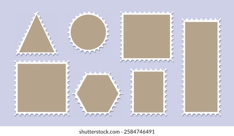 Collection of blank postage stamps in multiple geometric shapes with perforated edges on a light purple background. Concept of philately and postal design