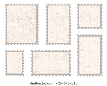Collection of blank postage stamps with old textures. Empty borders templates for mail envelope. Vector illustration