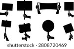 A collection of blank protest and announcement sign silhouette icons featuring handheld placards, banners, circular signs, and empty display boards. Ideal for demonstrations, public awareness campaigns, advertising, events, social movements, presentations, websites, infographics, mockups, and vector design projects.