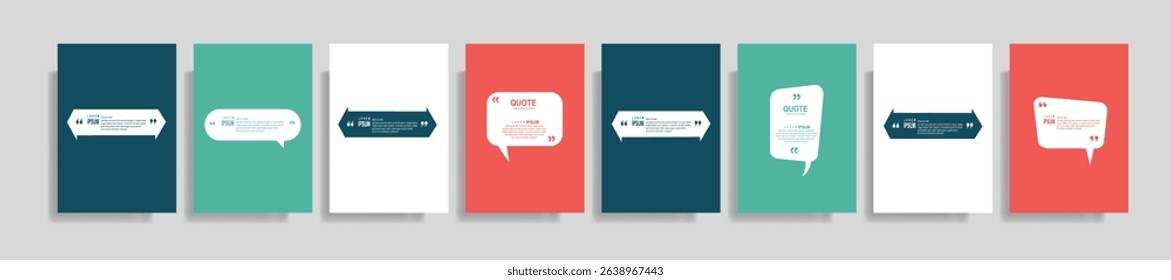  Collection of blank quote frame templates. Text in brackets, empty quote speech bubble, quotation. Text box isolated on color background. Vector illustration