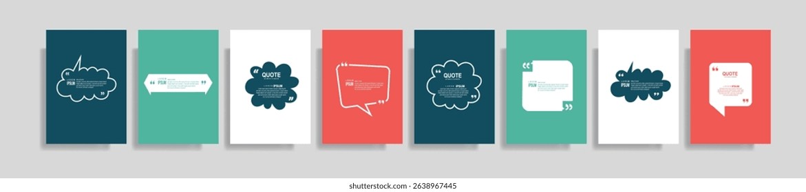  Collection of blank quote frame templates. Text in brackets, empty quote speech bubble, quotation. Text box isolated on color background. Vector illustration