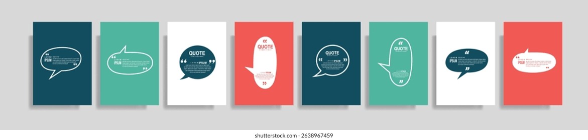  Collection of blank quote frame templates. Text in brackets, empty quote speech bubble, quotation. Text box isolated on color background. Vector illustration