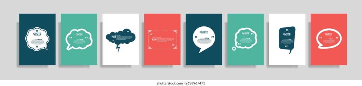  Collection of blank quote frame templates. Text in brackets, empty quote speech bubble, quotation. Text box isolated on color background. Vector illustration