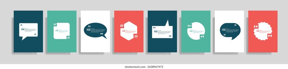  Collection of blank quote frame templates. Text in brackets, empty quote speech bubble, quotation. Text box isolated on color background. Vector illustration