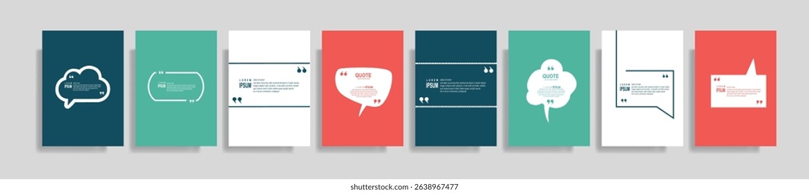  Collection of blank quote frame templates. Text in brackets, empty quote speech bubble, quotation. Text box isolated on color background. Vector illustration