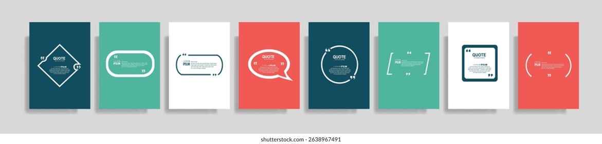  Collection of blank quote frame templates. Text in brackets, empty quote speech bubble, quotation. Text box isolated on color background. Vector illustration