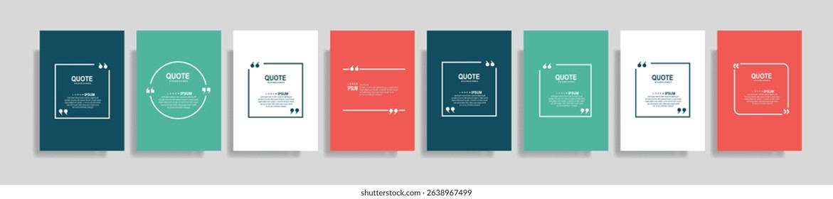  Collection of blank quote frame templates. Text in brackets, empty quote speech bubble, quotation. Text box isolated on color background. Vector illustration