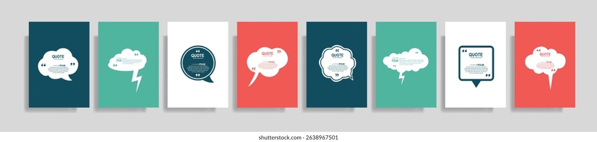  Collection of blank quote frame templates. Text in brackets, empty quote speech bubble, quotation. Text box isolated on color background. Vector illustration