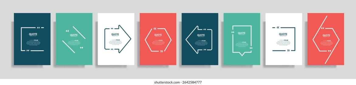 Coleção de modelos de quadro de aspas em branco. Texto entre colchetes, balão de fala de citação vazia, citação. Caixa de texto isolada no plano de fundo colorido