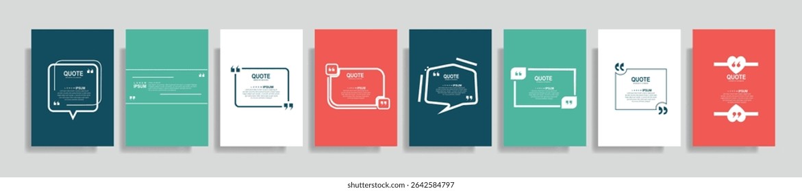 Coleção de modelos de quadro de aspas em branco. Texto entre colchetes, balão de fala de citação vazia, citação. Caixa de texto isolada no plano de fundo colorido