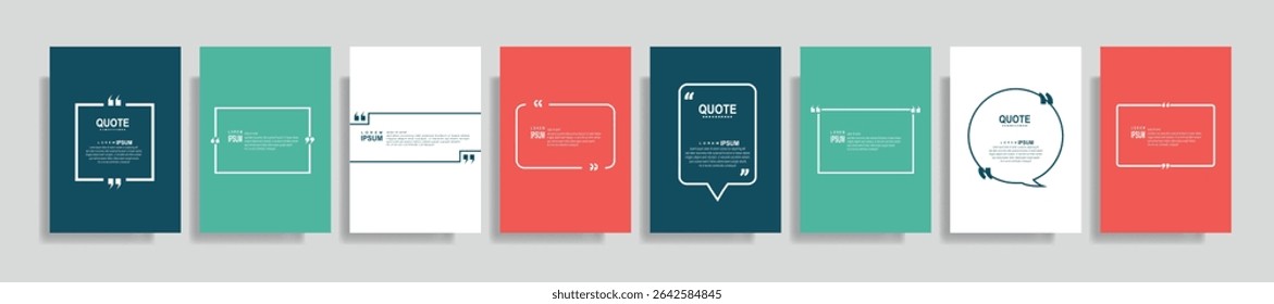 Collection of blank quote frame templates. Text in brackets, empty quote speech bubble, quotation. Text box isolated on color background