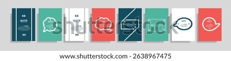  Collection of blank quote frame templates. Text in brackets, empty quote speech bubble, quotation. Text box isolated on color background. Vector illustration