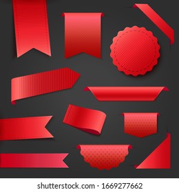 Collection Of Blank Red Ribbon Banners. Tags And Labels For Any Promotion Design. Vector Illustration