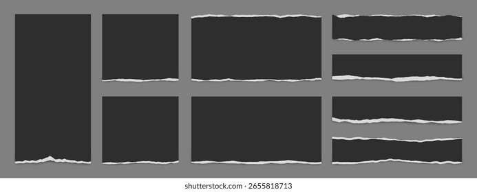 Colección de piezas de papel negro rasgado en blanco con bordes dentados para nota o diseño. Concepto de papel rasgado Abstractas.
