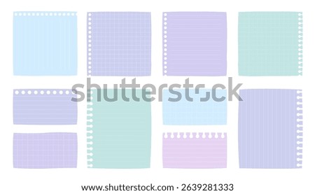 Collection of blank sheets of blue and green paper in a checkered or striped pattern. Notebook sheets, notepad pages, notes sheets, clean blanks.