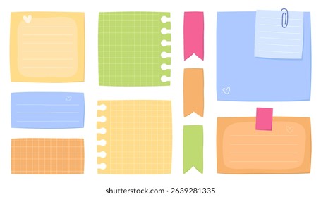 Collection of blank sheets of color paper. Paper notes for daily planner, blank memo sheet stickers for to-do list or reminders. 