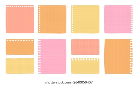 Collection of blank sheets of yellow and pink paper in a checkered or striped pattern. Notebook sheets, notepad pages, notes sheets, clean blanks.