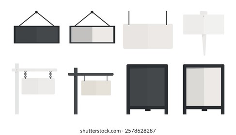 Collection of blank signs and boards. Blank signs for various uses. Ideal for displaying messages, these blank boards offer versatile options. Isolated illustration elements, vector set.