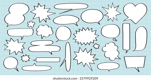 A collection of blank speech bubbles in various shapes and sizes on a grid background. Speech bubbles for comics, cartoons, and creative projects. Message illustration vector.