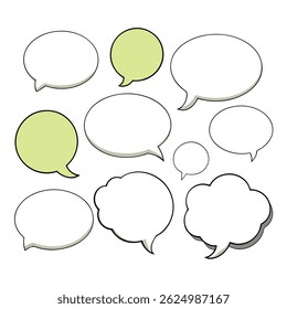 Collection of blank speech bubbles in various shapes for communication and conversation design elements.