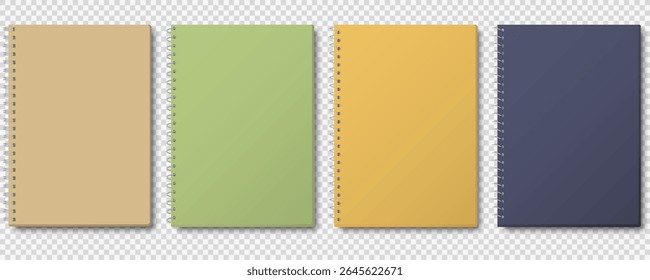 Collection of blank spiral notebooks in different colors, ideal for template design, school supplies, or office product visualization. perfect for branding or stationery design presentations.