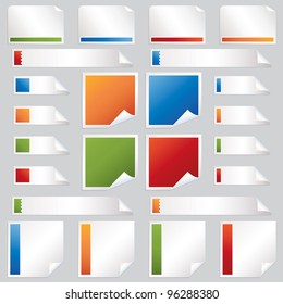 collection of blank stickers, squares and tabs in red blue green and orange