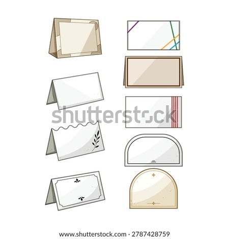 Collection of blank table place cards and name tags featuring diverse designs, ready for personalizing seating arrangements and guest names at special events or celebrations