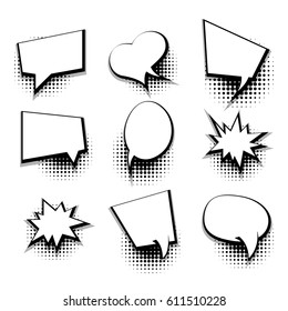 Collection blank template comic text speech bubble halftone dot background style pop art. Dialog empty cloud, space box pop art. Creative idea conversation white comic book balloon sketch explosion