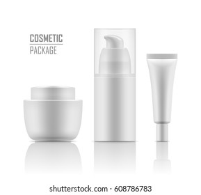 Collection blank template of packages for cosmetic. Set of empty realistic plastic containers: body cream jar, tube, foam with dispenser. Vector mockup of packages isolated on white background.