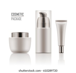Plantilla en blanco de recopilación de paquetes para cosméticos. Conjunto de recipientes de plástico realistas vacíos: frasco de crema corporal, tubo, espuma con dispensador. Parodia vectorial de los paquetes aislados en fondo blanco.