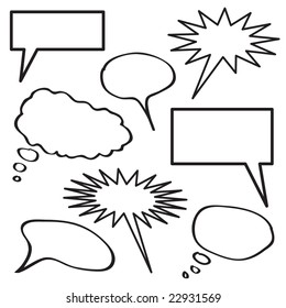 A collection of blank thought bubbles in black and white.