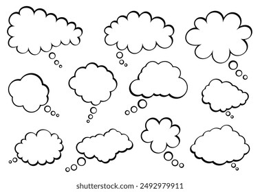 A collection of blank thought bubbles in different cloud shapes, ideal for adding custom thoughts or messages. Perfect for creative projects and communication designs.