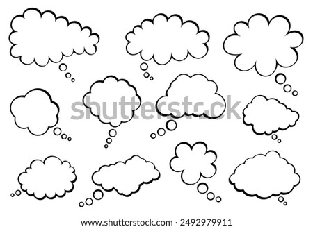 A collection of blank thought bubbles in different cloud shapes, ideal for adding custom thoughts or messages. Perfect for creative projects and communication designs.