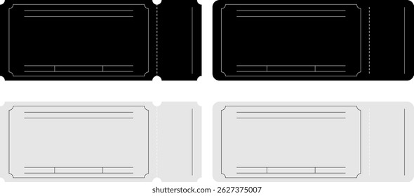 Coleção de modelos de tíquete em branco com variações em preto e cinza. Design minimalista para layouts e modelos de tíquetes de eventos, concertos, cinema ou rifa. Vetor EPS 10