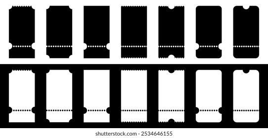 Collection of Blank tickets. Realistic white and black mockup ticket for concert, boarding, lottery, movie and coupon. Vector illustration.