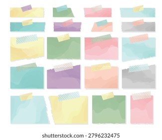 A collection of blank torn sticky notes in soft pastel watercolor colors, attached with decorative washi tape. Featuring handmade paper textures, torn edges, and a natural collage style, these notes are ideal for memos, labels, scrapbooking, journaling, web design, social media graphics, and various creative projects.