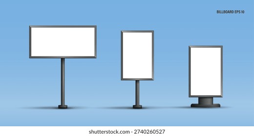 Collection of blank white billboard mockups on black metal poles. Realistic 3D vector set of outdoor advertising displays and city light box isolated on blue background. Empty frames for marketing, branding, and media vector design.