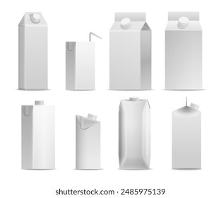 Collection Of Blank, White Milk And Juice Cartons In Various Shapes And Sizes. High-quality Realistic 3d Vector Design