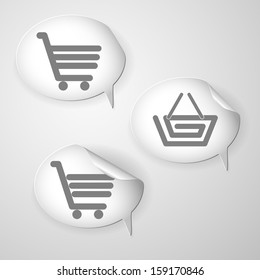 collection of blank white speech curled bubble with shadow and with icon of cart and basket