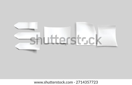 Collection of blank white sticky notes and paper tabs arranged on a neutral gray background mockup